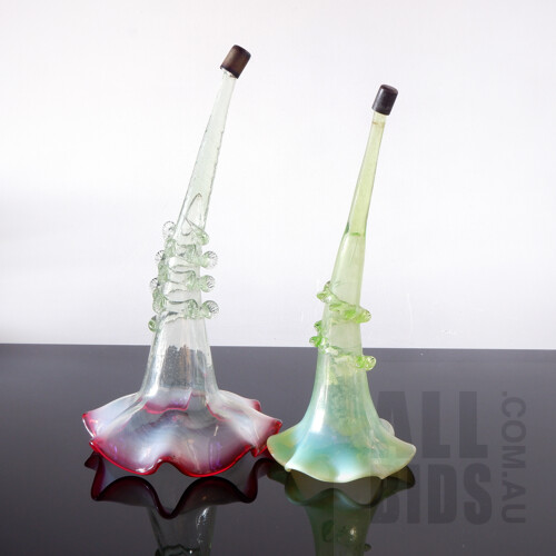 Two Late Victorian Vaseline Glass Epergne Tulips with Trailed Rigaree Work, Tallest 27.5cm (2)