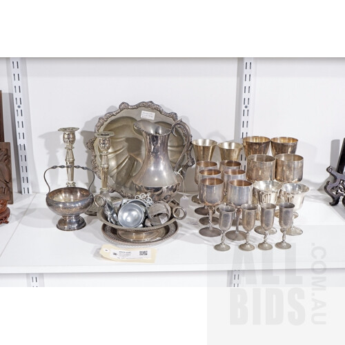 Large Group of Miscellaneous Silver Plated Wares Including a Pair of Figural Serviette Rings, Various Goblets, Water Jug, Etc