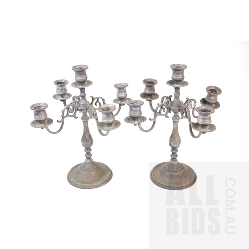 Pair of Vintage Cast Brass and Tarnished Silver Plate Candelabra, Height 30cm