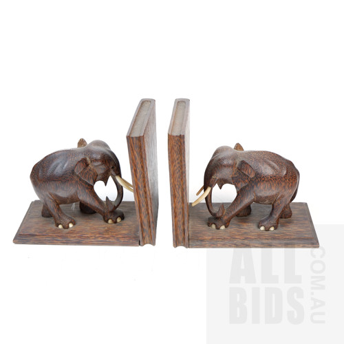 Good Pair of Vintage African Carved Palmwood and Bone Elephant Bookends, Height 18cm