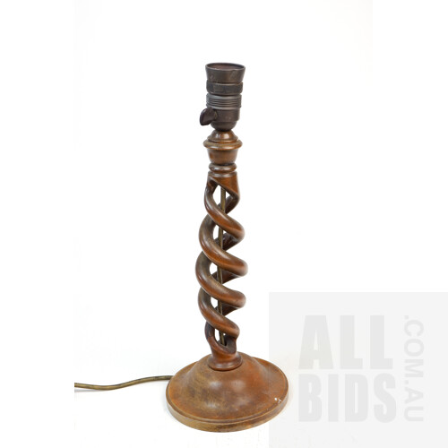 Antique Turned and Carved 'Barley Twist' Table Lamp Base, Height 41cm