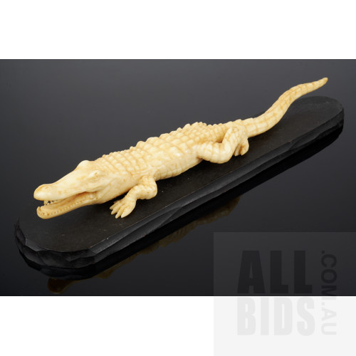 1950's Japanese Faux Ivory Carving of a Crocodile on Original Black Stained Hardwood Stand, Length 21cm