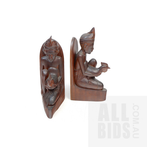 Pair of Good Balinese Carved Hardwood Bookends, Circa 1950's, Height 29cm