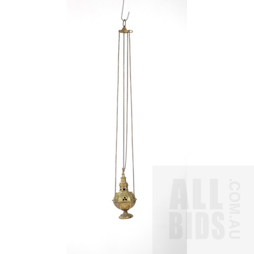 Vintage Cast Brass Ecclesiastical Hanging Candle Lantern and Suspension Chains, Height of Lantern 28cm