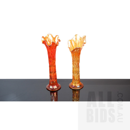 Near Pair Antique Marigold Carnival Glass Tulip Vases, Height 30.5cm (2)