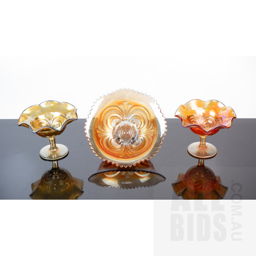 Pair Antique Marigold Carnival Glass Small Comports, and a Bowl in the Same Pattern, Larger Diameter 20cm (3)