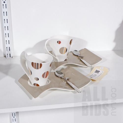 Pair of Villeroy & Boch Germany 'New Wave' Coffee Mugs, Saucers, and Matching 18/10 Stainless Spoons