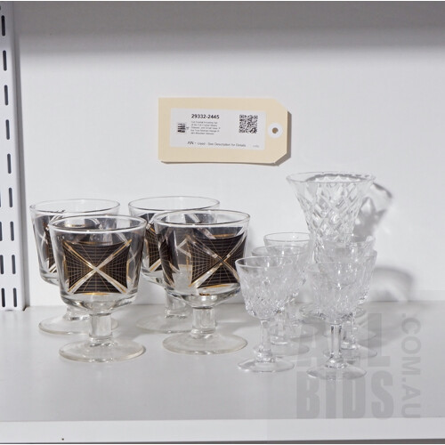 Cut Crystal Including Set of Six Cut Crystal Sherry Glasses, and Small Vase, Plus Four Abstract Design Retro Moulded Glasses