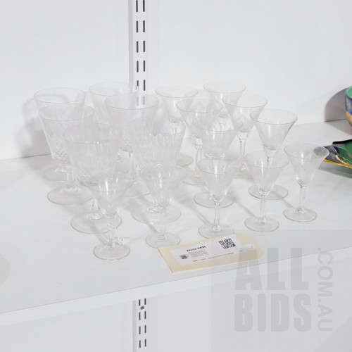 Stemware Including Six Cut Crystal Sherry Glasses with Makers Marks to Base, Six Cut Glass Art Deco Sherry Glasses and Five Matching Liqueur Glasses , (17)