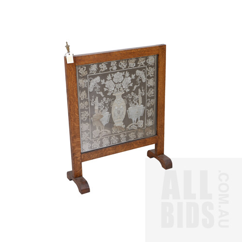 Antique Oak Firescreen with Chinese Silk Brocade Panel Behind Glass, Height 70cm, Faults