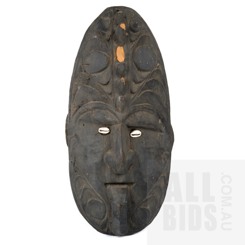 Vintage Carved New Guinea Mask with Kauri Shell Inlaid Eyes, Height 50cm, Minor Losses