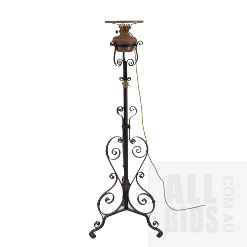 Antique Wrought Iron Telescopic Floor Oil Lamp, Now Converted to Electricity, Minimum Height 145cm