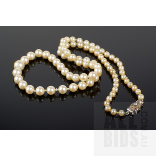 Strand of Cultured Pearls, Mikimoto Type with 18ct White Gold Clasp and Round Brilliant Cut Diamonds