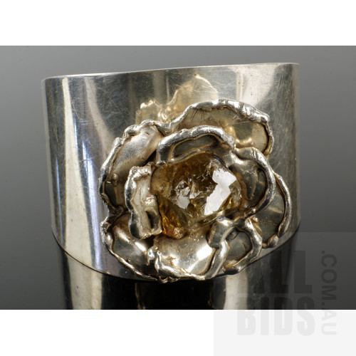 Retro Smykkesmeden Denmark Sterling Silver Floral Cuff Bracelet with Citrine Crystal, 78g