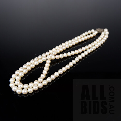 Double Strand of Akoya Type Cultured Pearls with Sterling Silver Clasp, Very High Lustre