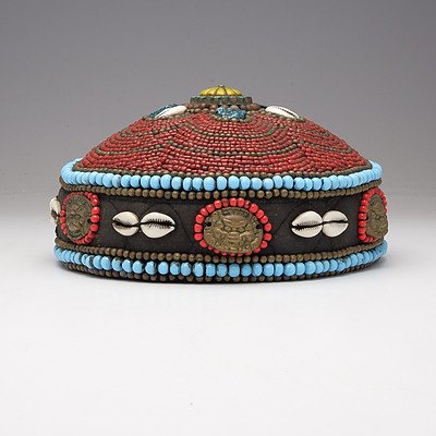 Tibetan Turquoise and Coral Beaded Priests Hat