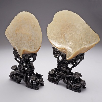 Pair of Chinese Carved Mother of Pearl Shells on Hardwood Stands