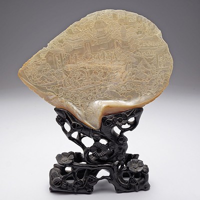 Pair of Chinese Carved Mother of Pearl Shells on Hardwood Stands