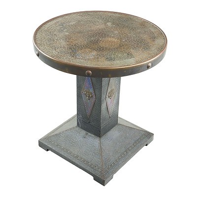 Arts and Crafts Pressed Copper and Brass Pedestal Side Table, Circa 1920s