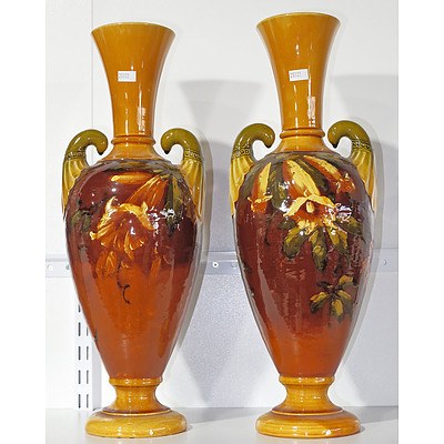 Pair of Aesthetic Movement Bretby Mantle Urns Impasto Decorated with Flowers, the Shapes in the Manner of Dr Christopher Dresser, Late 19th Century