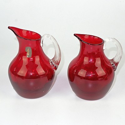 Near Pair of Whitefriars Ruby Glass Jugs
