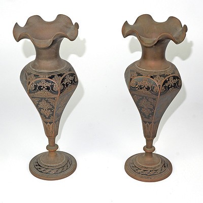 Pair of Indian Engraved and Lacquer Decorated Vases, Probably Benares