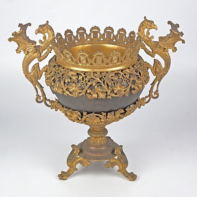 Antique European Ormolu Centrepiece with Griffin Handles and Boarder with Heraldic Crests, Late 19th Century
