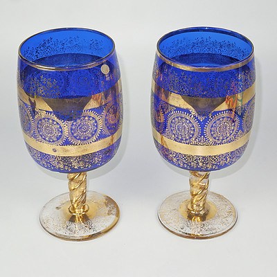 Pair of Venetian Gilded Cobalt Blue Stemmed Vases