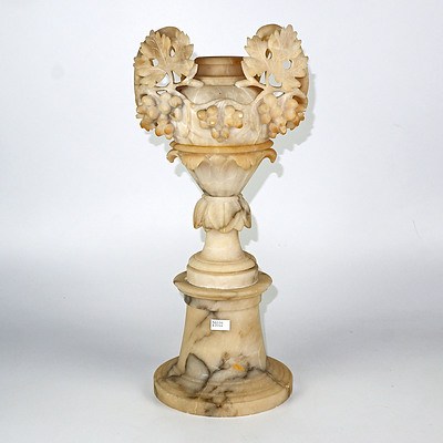 Antique Alabaster Classical Pedestal Urn with Carved Vine and Leaf