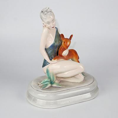 Art Deco Austrian Goldscheider Ceramic Figure of a Woman and Deer