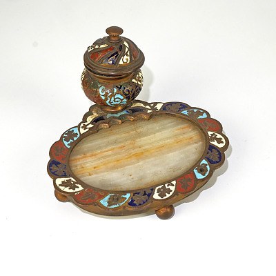 French Champleve Enamel and Onyx Inkwell
