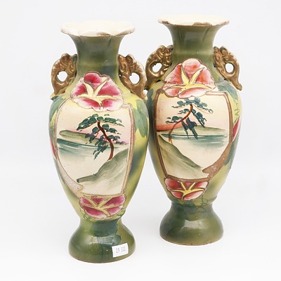 Pair of Antique Japanese Ceramic Mantle Vases, Early 20th Century