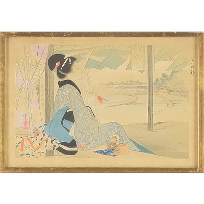 Japanese Woodblock Print, With Label Verso 'Commander Mitsuteru Ide Japanese Imperial Navy'