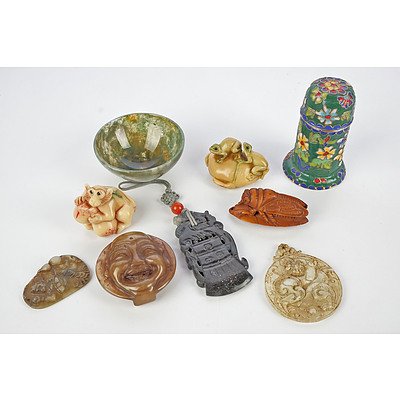 Collection of Chinese Ornaments, Including Hardstone Pendants and Buckle, Moss Agate Bowl etc