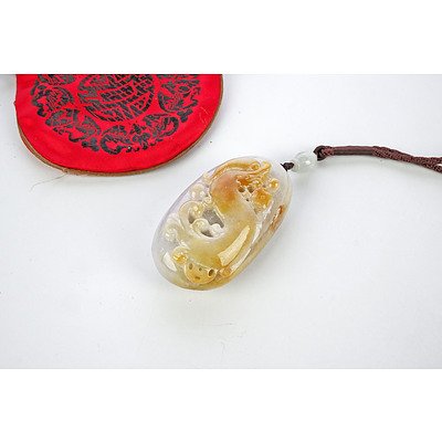 Carved Chinese Hardstone Pebble Pendant