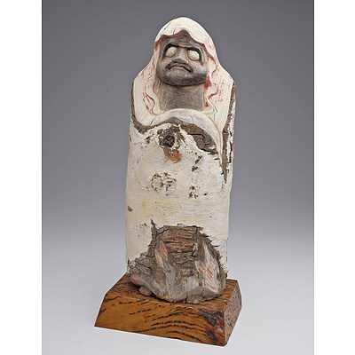 Japanese Carved Wood and Bark Figure of a Monk on Elm Base