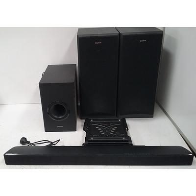 Assorted Audio Equipment Including Speakers, Sub-woofer, Soundbar and  Car Amplifier
