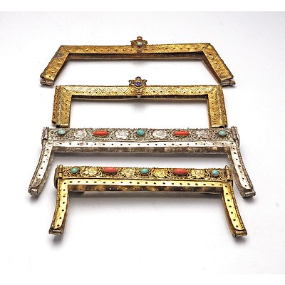 Four Antique North Indian or Tibetan Silver and Silver Gilt Purse Clasps with Semi Precious Inlays Including Turquoise and Coral