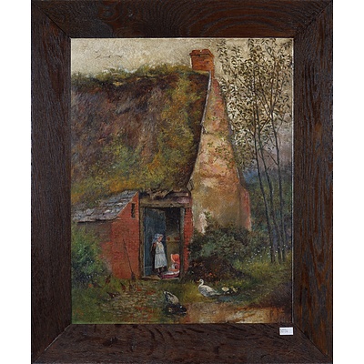 European School (20th Century), Landscape with Cottage and Young Girl, Oil on Canvas on Board