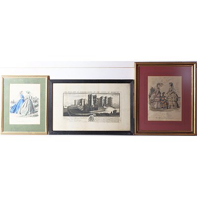 Three Framed Engravings Featuring Ladies Fashions and Ragland Castle