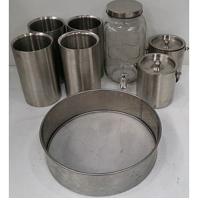Stainless Steel Ice Buckets, Bottle Coolers, Sieve and Glass Water Jar
