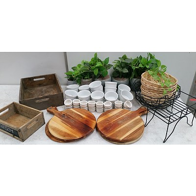 Selection of Ceramic Serving ware, Serving Boards, Baskets/Trays and Artificial Plants