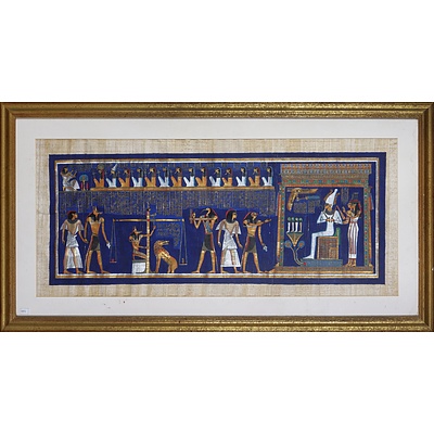A Framed Hand-Painted Egyptian Scene on Papyrus