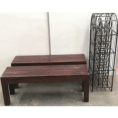 Solid Timber Benches And Metal Wine Rack - Lot Of Three