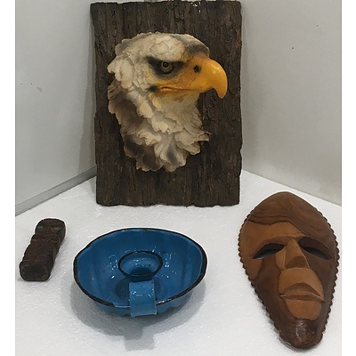 Assorted Household Decorations, Including Metal Candle Holder, Tiki Carving, Face Mask And Ready To Hang Eagle
