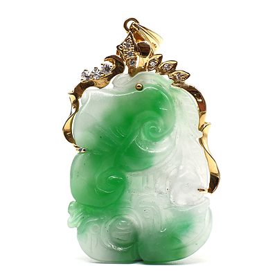 18ct Yellow Gold Pendant with Freeform Carved Jadeite and CZ