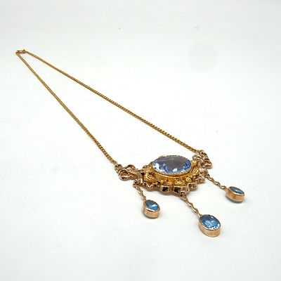 9ct Yellow Gold Ornate Pendant with Centre Oval Blue Paste and Topaz Drops
