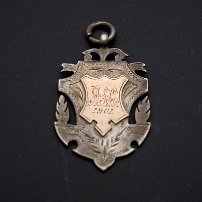 Antique Sterling Silver Shield Pendant with Raised Gold Shield on Front, Engraved 100 Yards Champion 1901