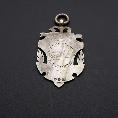 Antique Sterling Silver Shield Pendant with Raised Gold Shield on Front, Engraved 100 Yards Champion 1901