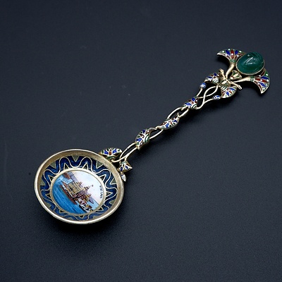 Enameled .900 Silver Spoon from Port Said with Carved Chrysoprase Cabouchon